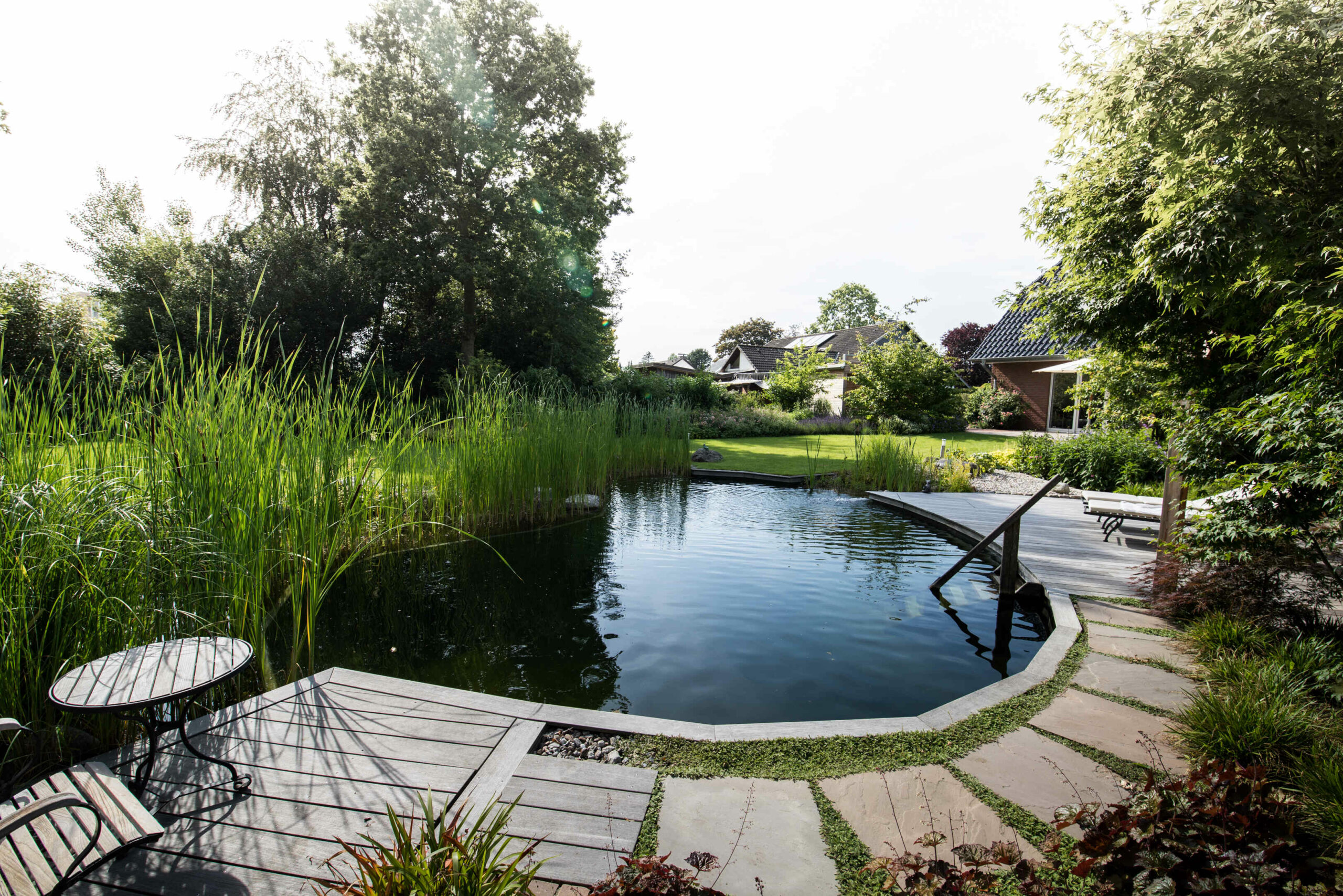 Teich mit Pflanzen und Holzsteg im Garten Ein ruhiger Teich mit Wasserpflanzen und einem Holzsteg in einem Gartenbereich.