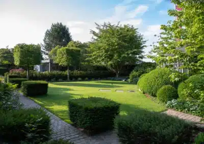 Grüner Garten mit Rasenflächen, Sträuchern und Bäumen in einer gepflegten Anordnung.