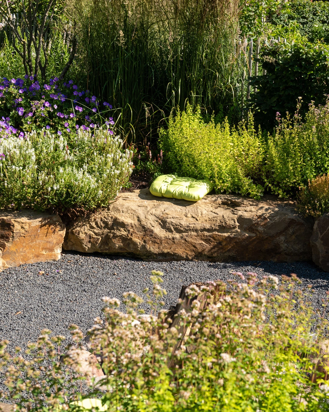 Garten mit violetten Blumen, grünem Gebüsch, hohen Gräsern und einem grün-leuchtenden Sitzkissen vor einem Steinbeet.