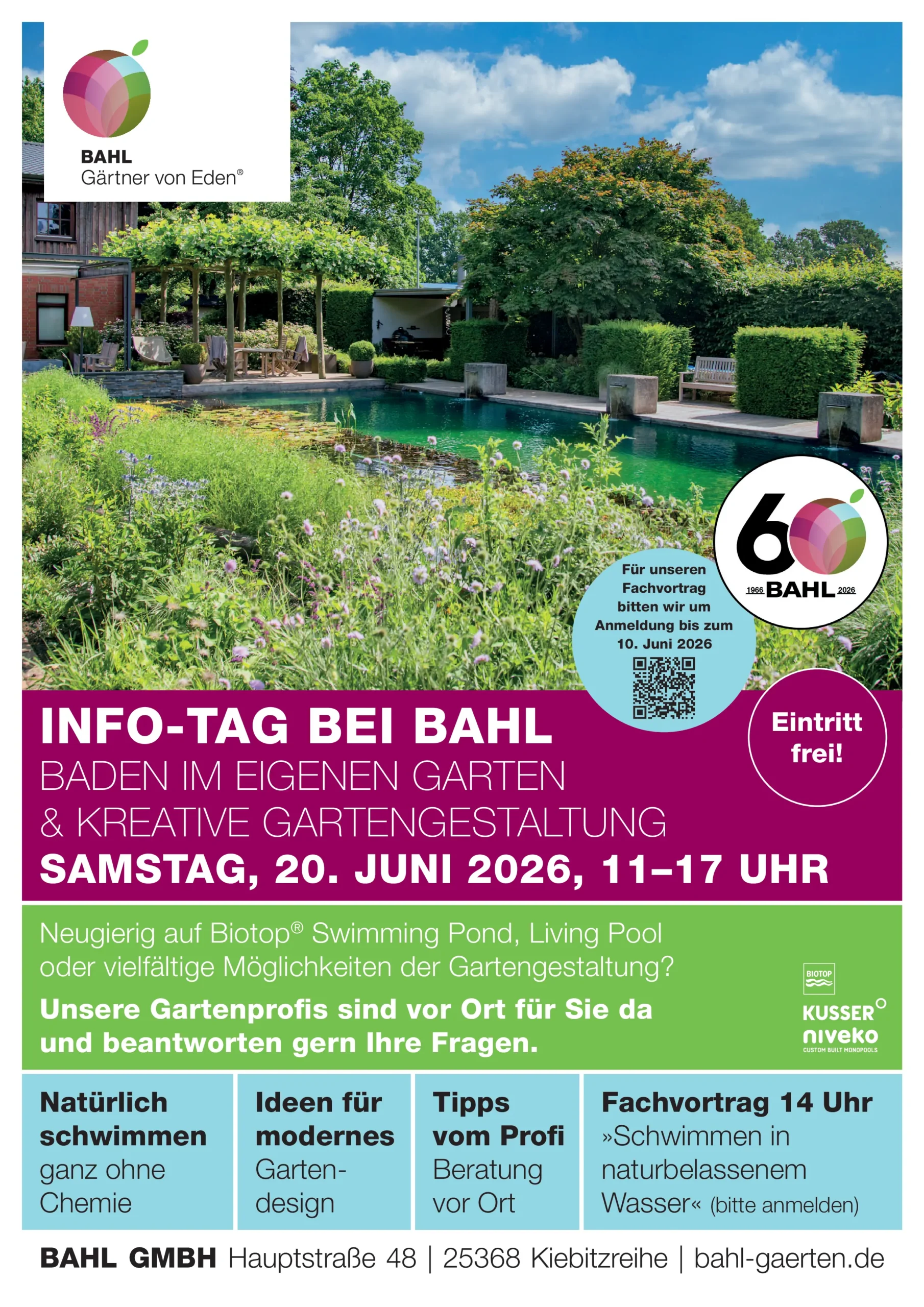 INFO-TAG BEI BAHl: BÄHL Gärtner von Eden präsentiert ein Gartenposter mit grünem Swimming-Pool vor blauem Himmel und der Aufschrift „Samstag, 20. Juni 2026“.