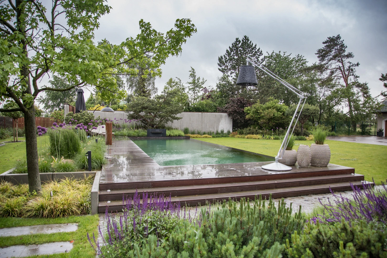 Ein rechteckiger Naturpool liegt in einem gepflegten Garten mit Holzdeck, Pflanzgefäßen und Gartenlampe.