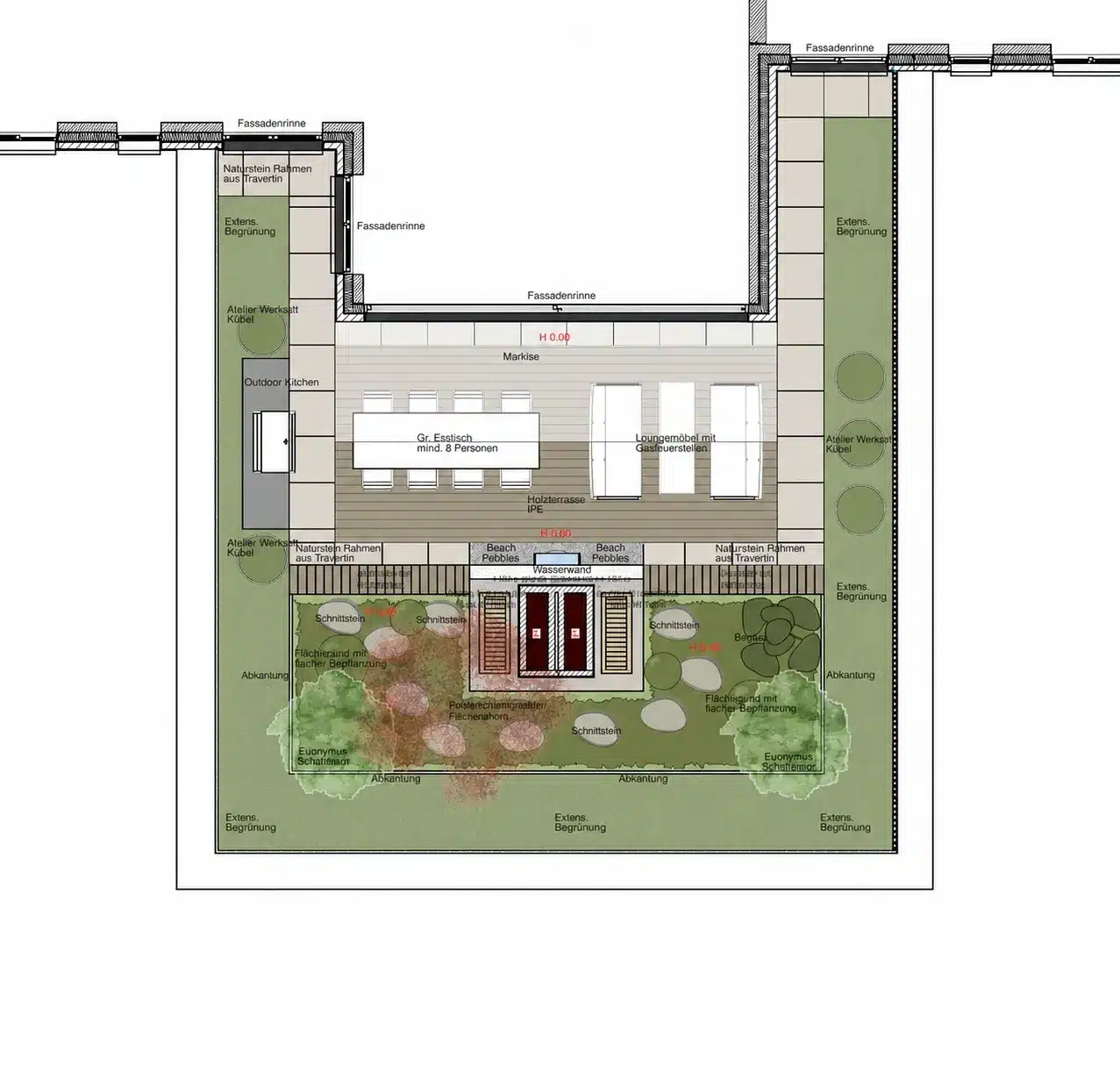 Gartenplan Dachterrasse mit Sitzbereich, Bepflanzung und Details zur Ausstattung rund um eine Penthouse-Wohnung von Bahl GmbH